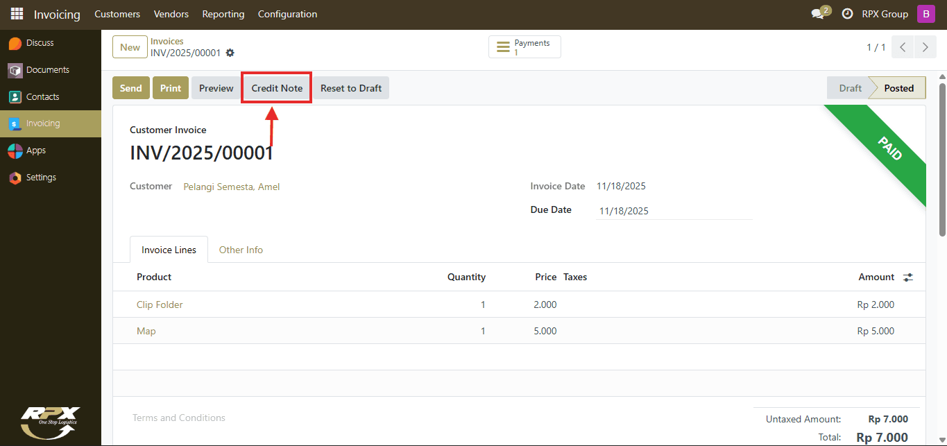 Tampilan Formulir Credit Note